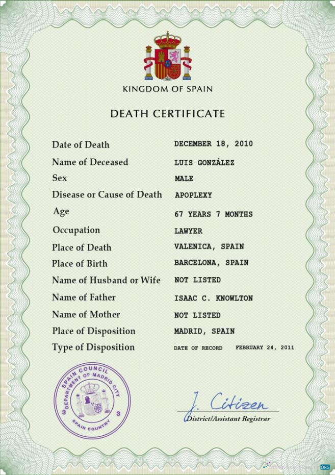 Download Spain death certificate PSD template Photoshop template